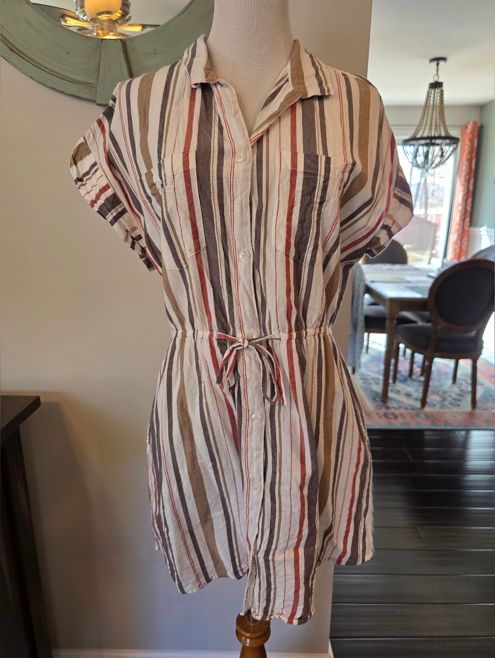 Japna Large 100% Cotton Multicolor Striped Shirt Dress Short Sleeve Button Front